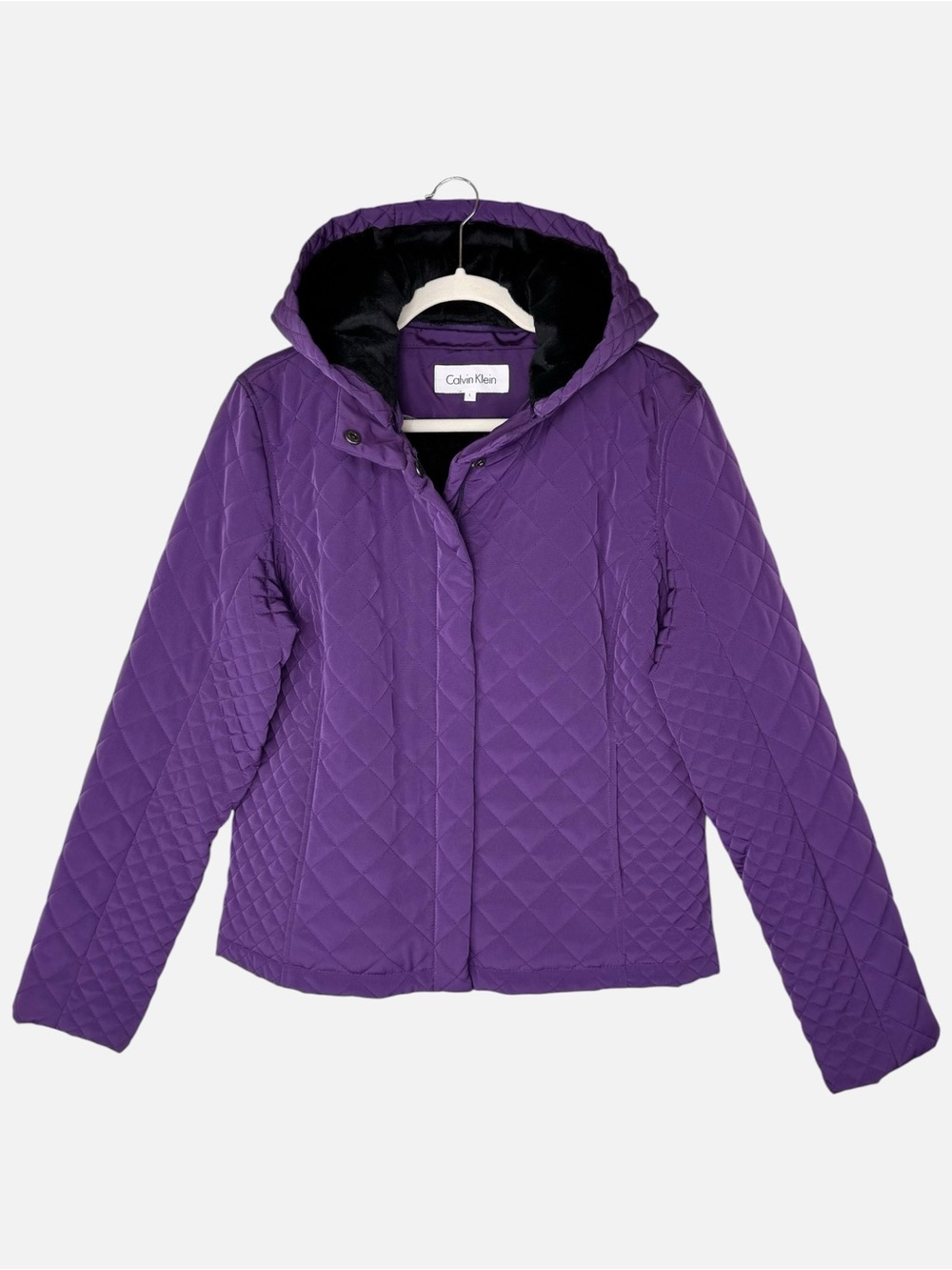 Calvin Klein Purple Quilted Hooded Jacket L Midweight Faux Fur Lined Insulated